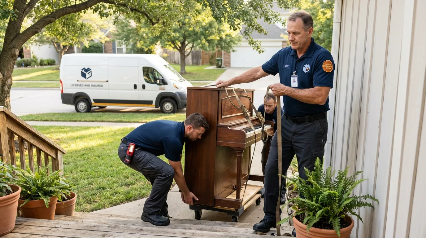 Licensed piano movers securing grand piano in Greenville, PA