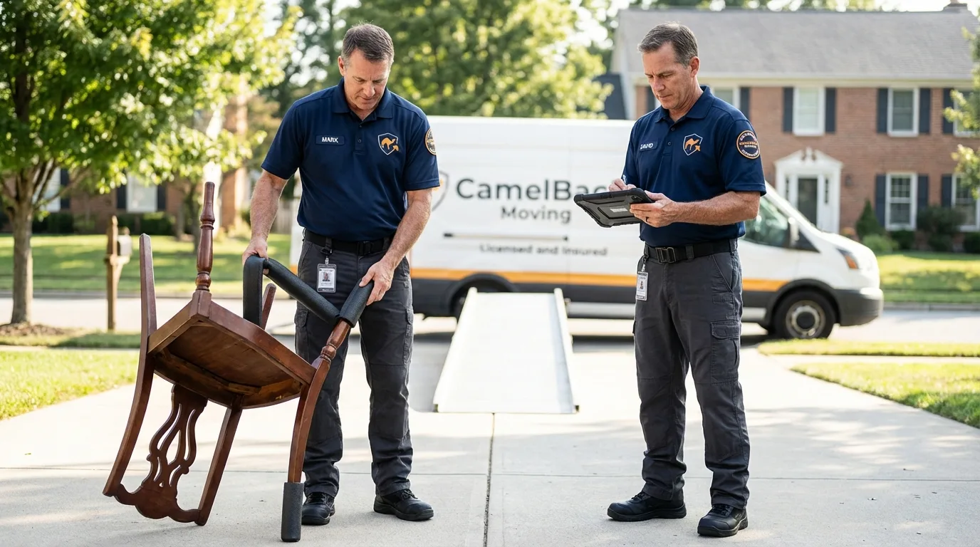 Movers inspecting furniture for damage prevention before loading in Greenville, PA