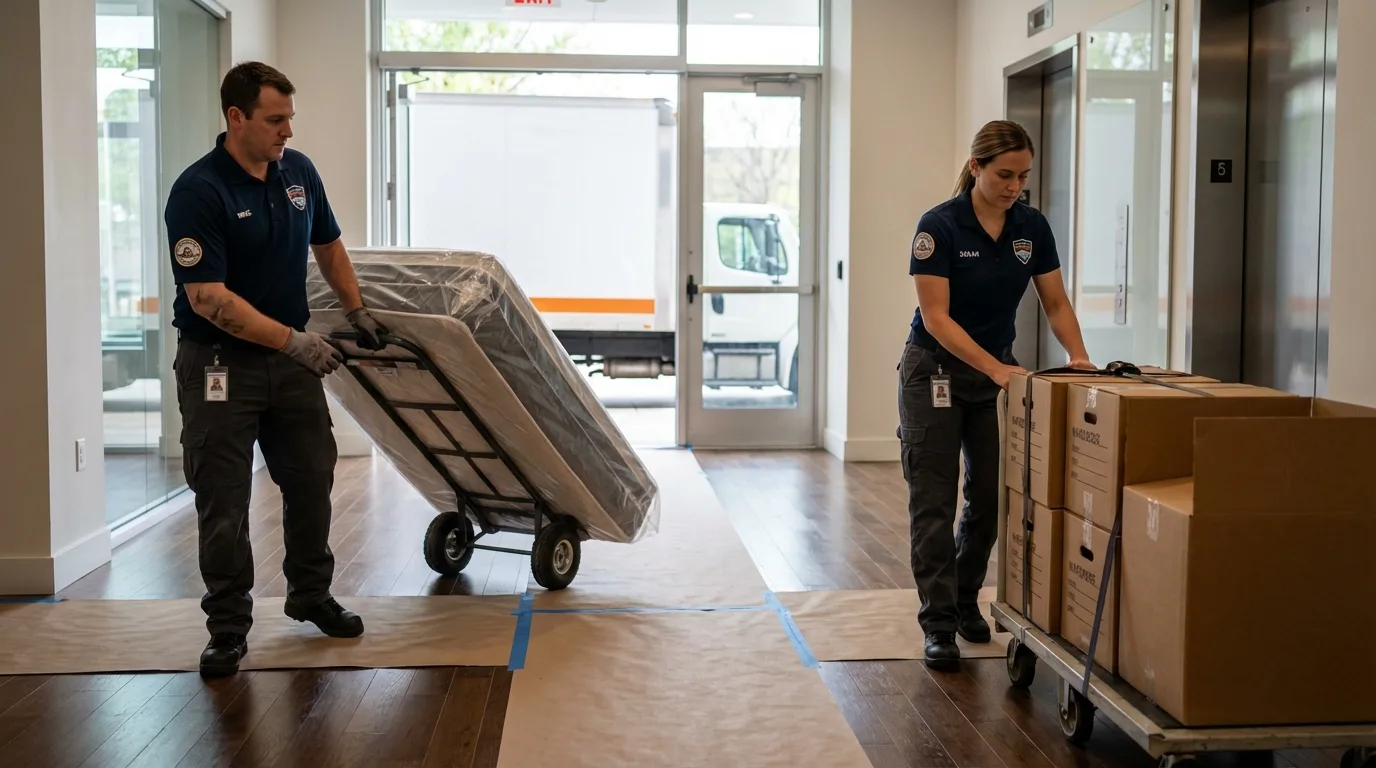 Professional apartment movers loading elevator in Greenville, PA
