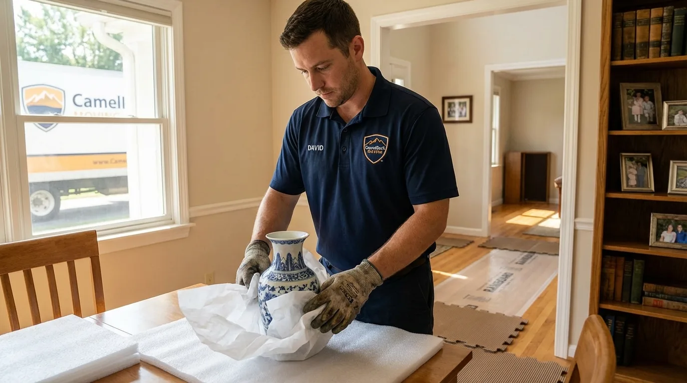 Professional crew carefully wrapping antique vase for senior downsizing move in Greenville, PA